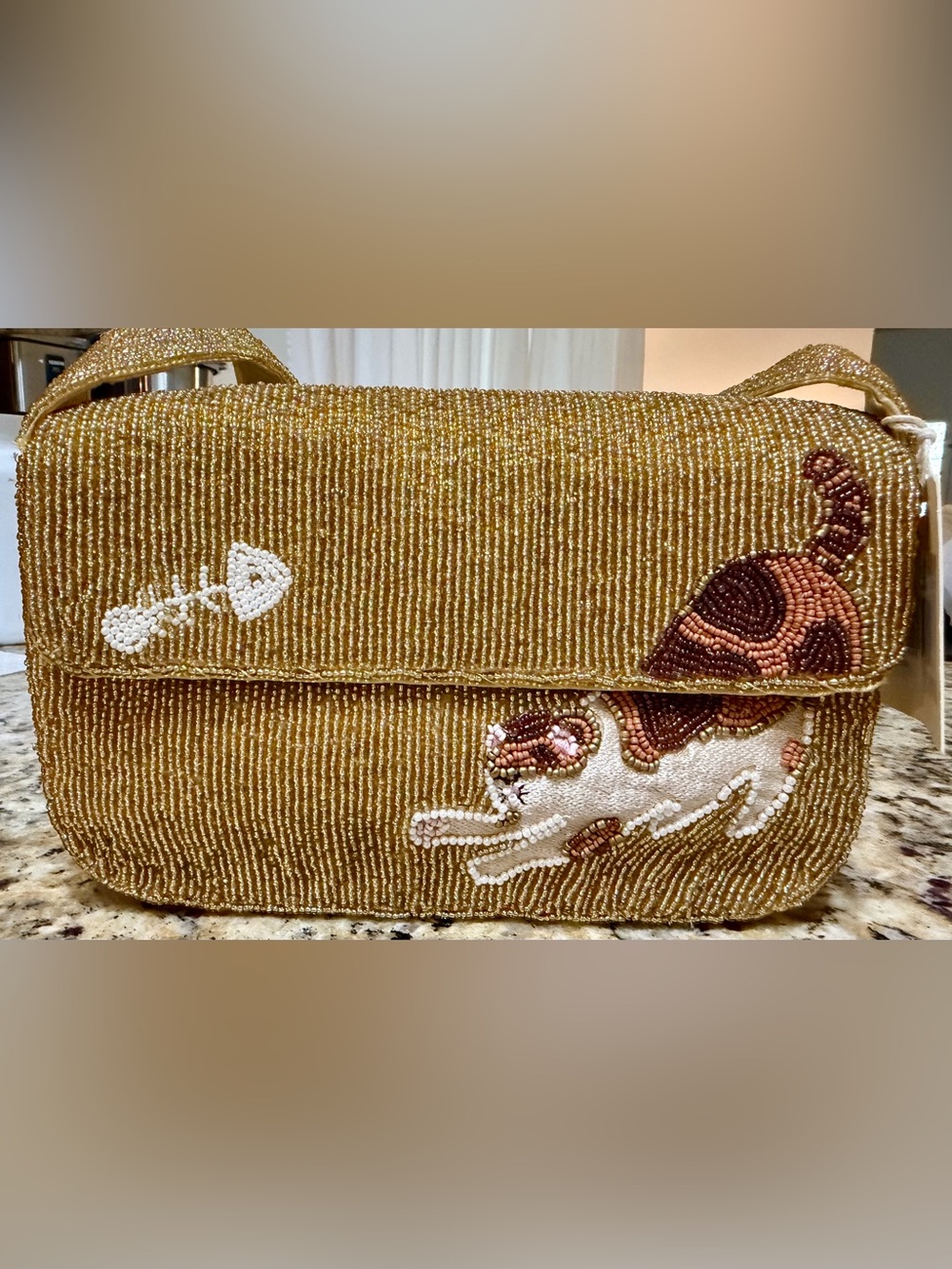 NWT Sol & Mer Viral Hand Beaded Gold Stretching Cat Shoulder Bag